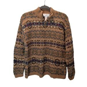 Vtg Jones NY Sz PL Hand Knit Nordic Fairisle Sweater Zip Neck Wool Silk Alpaca